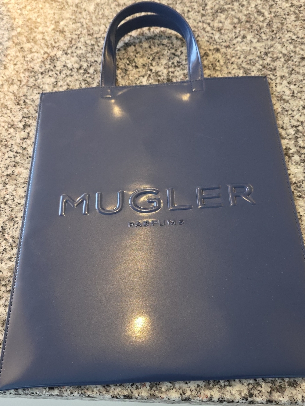 Mugler Glossy Navy Blue Tote Bag with Embossed Logo